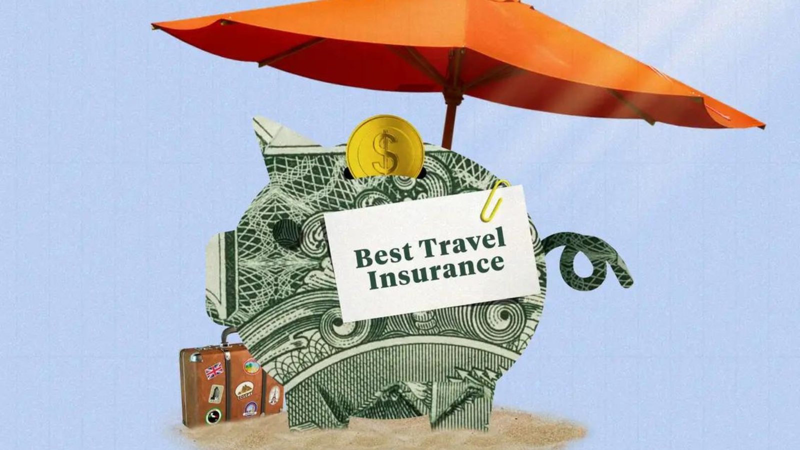 an umbrella, and a travel insurance 